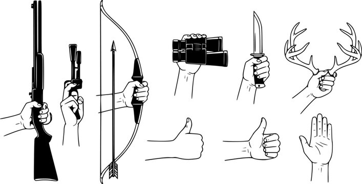 Flat vector hands holding hunting rifle, bow, binoculars, knife, antlers, thumbs up, and stop sign gesture., isolated on white background
