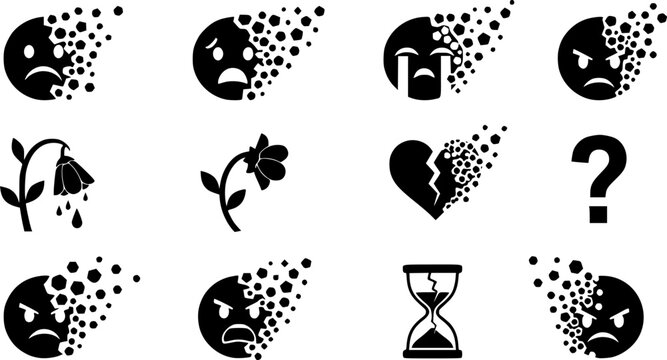 Flat vector illustration of black silhouette emojis and symbols disintegrating into fragments, depicting emotional, isolated on white background
