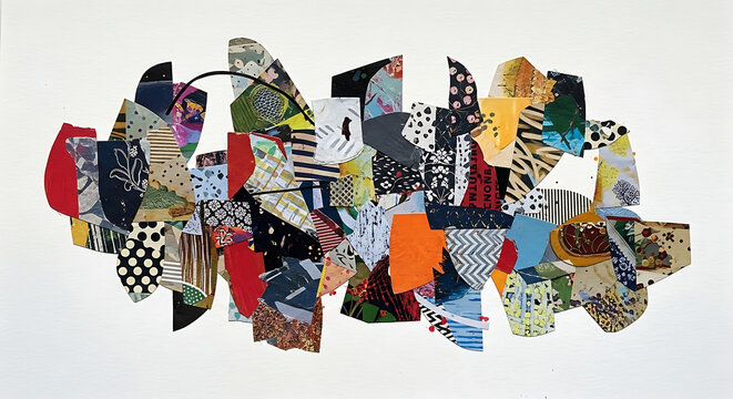 A vibrant and eclectic collage of colorful fabric pieces arranged in a dynamic composition