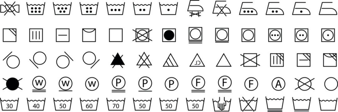 Laundry Care Symbols Vector Set Black Line Washing Ironing Drying Instructions Icons