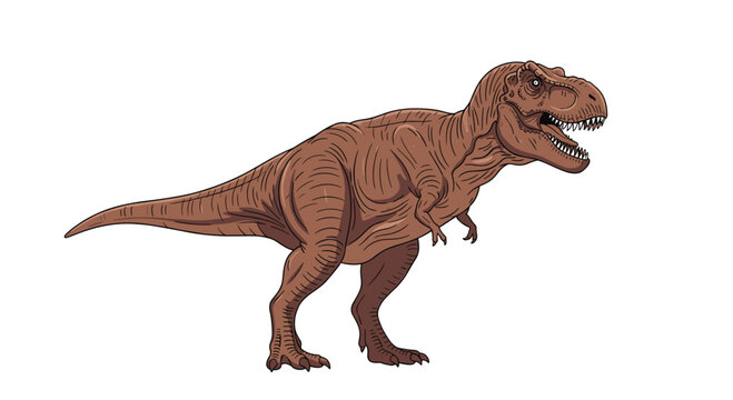 A powerful brown Tyrannosaurus Rex dinosaur stands in a side profile pose with its massive jaws wide open showing sharp teeth against a white backdrop.
