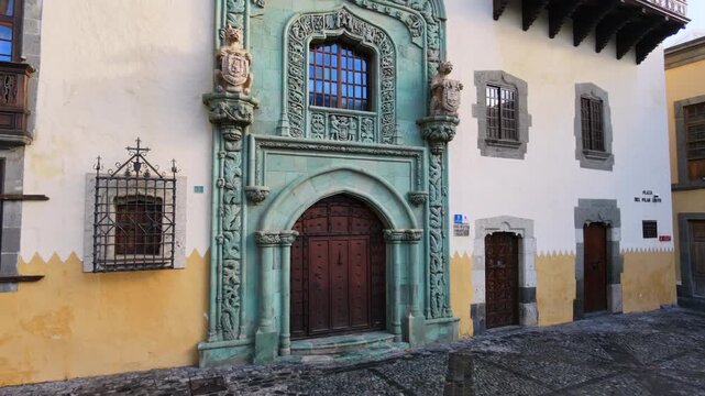 Ornate Plateresque Renaissance green portal of the Christopher Columbus House Museum in the historic Vegueta quarter of Gran Canaria