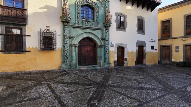 Beautiful facade of Casa de Colon, Christopher Columbus's house and museum, in the historic Vegueta neighborhood of Las Palmas, Gran Canaria