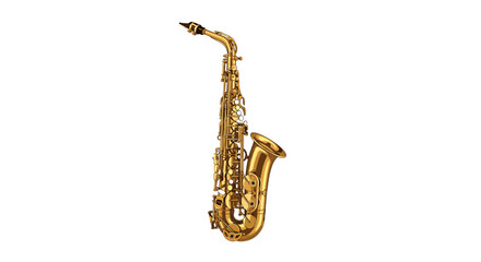 Naklejka premium A meticulously detailed golden saxophone with polished silver keys and a black mouthpiece stands elegantly against a pristine white studio background today.