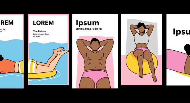 Collection of modern minimalist posters featuring diverse people enjoying leisure activities and relaxation