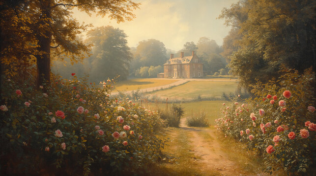 Romantic countryside manor with blooming rose garden in golden morning light