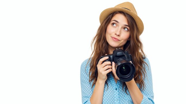 Young woman photographer holding a dslr camera and looking up thoughtfully. Creative female in straw hat searching for inspiration. Photography and travel concept with copy space