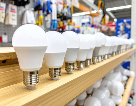 Modern energyefficient white LED light bulbs lined up on a wooden shelf in a hardware store. Symbolizing sustainable choices, innovation, and bright ideas for home renovation projects.