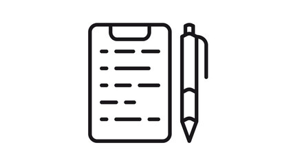 Clipboard and pen vector icon, minimalist black line art illustration of a checklist, survey, or medical report for office documentation, business planning, and note-taking concepts. © Its