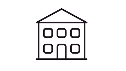 Simple black line vector icon of a two-story residential house with a triangular roof, five square windows, and a central front door, isolated on white. Minimalist architectural illustration. © Its