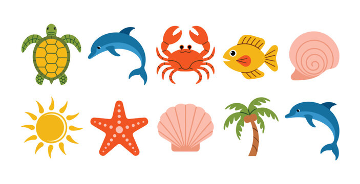 Colorful summer sea life and beach icon set with turtle dolphin crab fish and shell