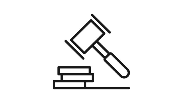 Black line vector icon illustration of a judge's gavel and a stack of coins, representing legal fees, court fines, auction bidding, justice system costs, and financial law concepts.
