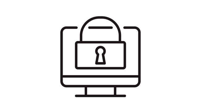 Computer security and data protection vector icon illustration featuring a black line art padlock symbol on a desktop monitor screen, representing cybersecurity, privacy, and online safety.