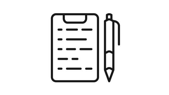 Clipboard and pen vector icon, minimalist black line art illustration of a checklist, survey, or medical report for office documentation, business planning, and note-taking concepts.