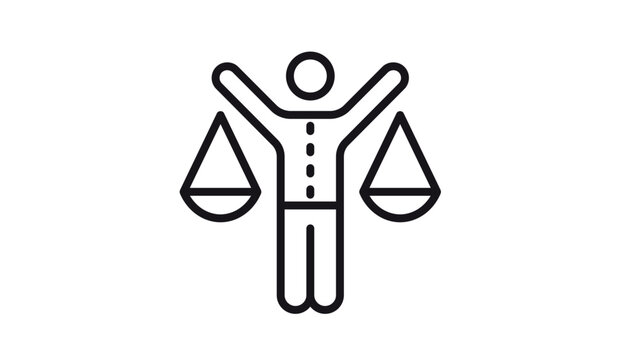 Minimalist black line vector icon illustration of a person holding a balance scale, representing justice, equality, legal system, fairness, and work-life balance on a white background.