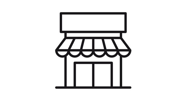Minimalist black line vector icon of a storefront or small shop building featuring a striped awning and double doors, clean graphic illustration for retail, business, and commerce concepts.