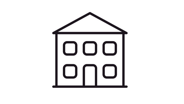 Simple black line vector icon of a two-story residential house with a triangular roof, five square windows, and a central front door, isolated on white. Minimalist architectural illustration.