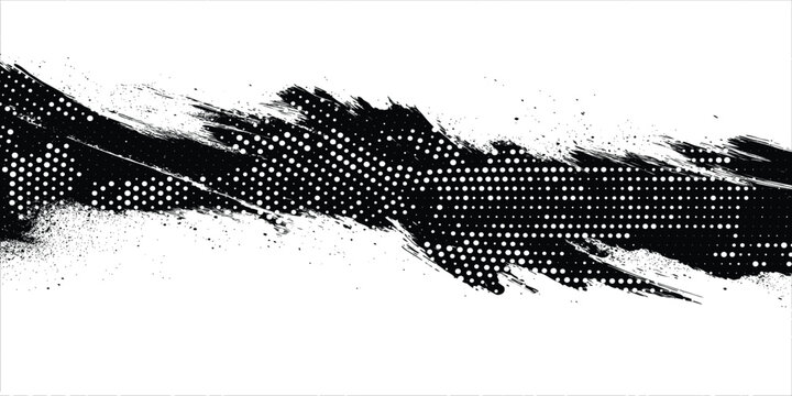 Abstract black ink brush stroke with halftone pattern overlay