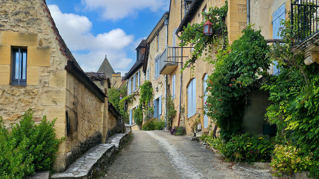 Cobblestone street in the village of Beynac-et-Cazenac, Dordogne, France with medieval stone houses and leafy climbing vines