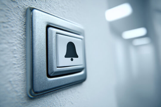 The doorbell button on the wall in the blurred hallway. Space for text.