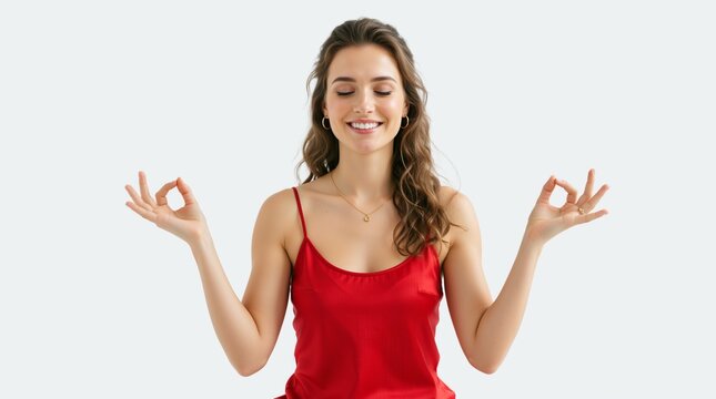 Smiling young woman meditating with closed eyes. Female practicing yoga mudra gesture in red top. Mindfulness and wellness concept on white background