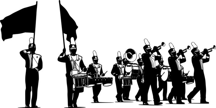 Marching band silhouettes, musicians with instruments, parade performers, flag bearers, drummers, trumpet players, marching formation, band performance illustration 
