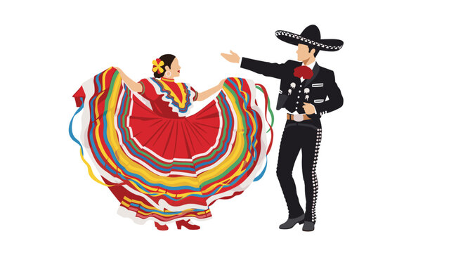 A male dancer in a black charro suit stands beside a female dancer holding out her wide red multi-colored ruffled skirt in a traditional folk dance pose.
