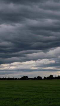 Dark storm clouds over green field, rolling cumulonimbus layers, low tree-lined horizon, wind-swept grass, heavy overcast light, approaching thunderstorm, distant rainbands, dramatic motion, cinematic