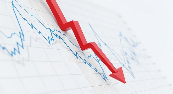 Red arrow pointing downward on a financial graph with blue and grey lines, indicating decline