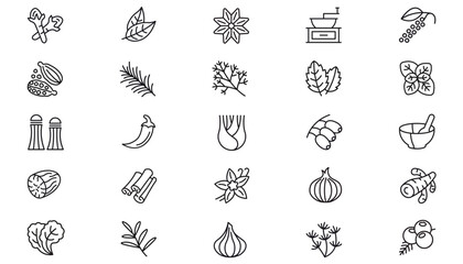 Vector Icon Set of 25 Black Minimalist Line Art Symbols for Herbs Spices and Kitchen Tools including Cinnamon Garlic Ginger Chili Coffee Grinder Mortar Pestle Onion Vanilla and Botanical Leaves. © Saif