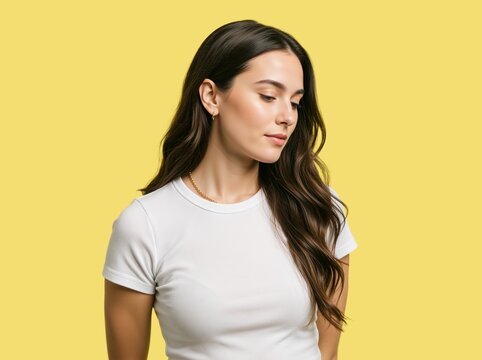 Young woman looking down thoughtfully against a yellow background. Casual female portrait in a white t-shirt in studio
