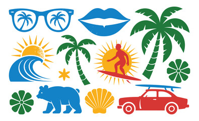 Obraz premium A dynamic collection of colorful summer and beach-themed vector icons includes stylish sunglasses, sensuous lips, palm trees, sun, ocean wave, surfer, bear, seashell, and a surf car.