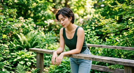Fototapeta premium Thoughtful young Asian woman leaning on a wooden railing in a lush green garden. Female with short dark hair wearing a green tank top and jeans outdoors