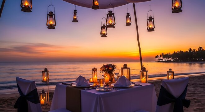 Romantic seaside dinner setting at sunset, decorated with lanterns and flowers