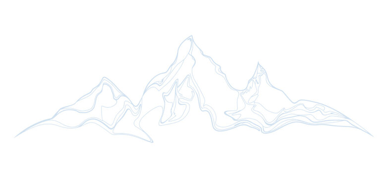A serene minimalist light blue outline drawing depicts a majestic mountain range, showing varied peaks and subtle topographical lines against a clean white background.