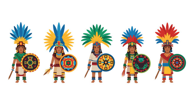 A diverse lineup of five indigenous warriors displays vibrant feathered headdresses and ornate circular shields while standing in a disciplined row against a white backdrop.