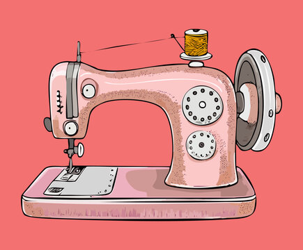 Retro style sewing machine with pink metallic finish and spool for handmade clothing boutique tailoring professional textile production craft equipment industrial tool