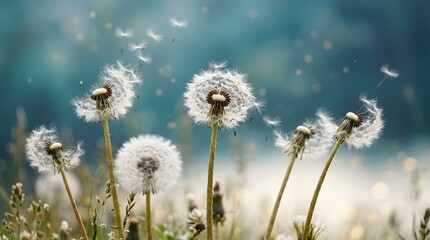 Obraz premium Close-up of dandelions releasing seeds in a serene meadow