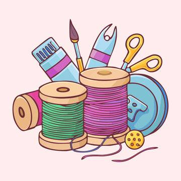 Tailor workshop supplies including thread spools scissors and pins for garment design craft hobby textile work domestic sewing accessory professional tool set
