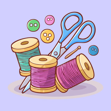 Tailoring kit with thread spools scissors and buttons for garment repair craft hobby textile work fashion design domestic sewing accessory professional workshop