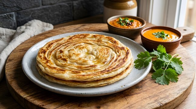Traditional Indian parathas served with spicy curry and fresh cilantro