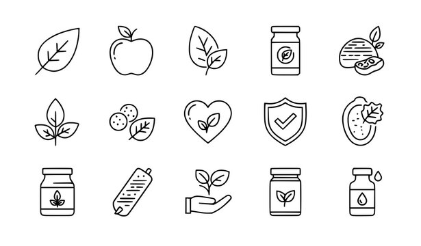 A set of minimalist icons representing healthy eating and nutrition concepts
