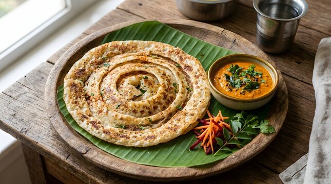 Traditional Indian parotta with curry served on banana leaf