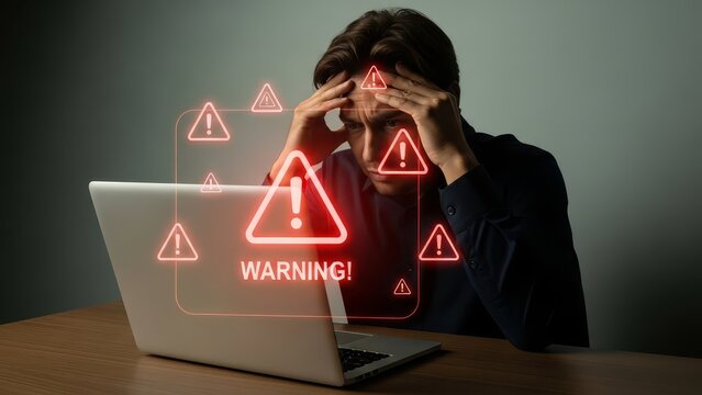 Man is stressed in front of a laptop displaying numerous warning signs and error messages.