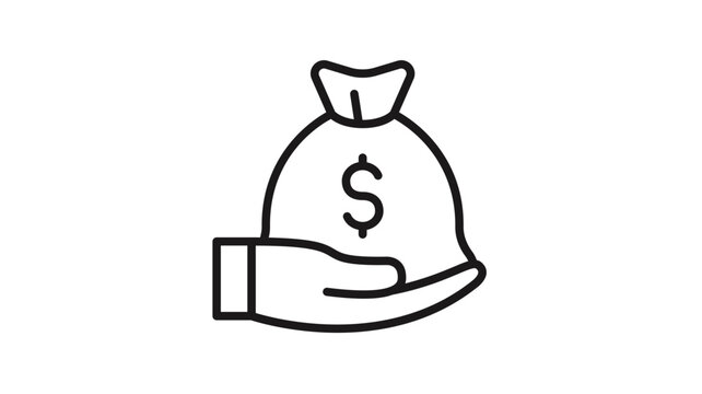 Hand holding a money bag with a dollar sign vector icon. Minimalist black line art illustration of wealth, finance, investment, and savings symbol isolated on white background.