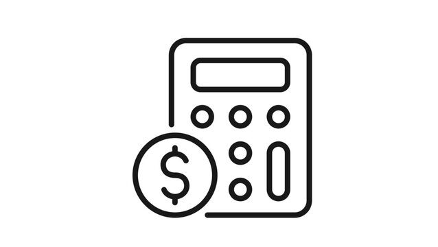 Minimalist black line vector icon illustration of a calculator with a dollar coin symbol, representing financial accounting, budget planning, tax calculations, and business money management.