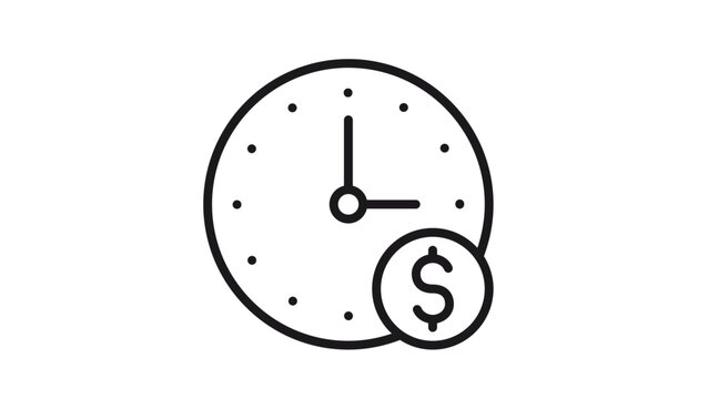 Time is money concept vector icon illustration featuring a minimalist black line clock with a dollar sign coin, representing hourly rates, financial planning, and efficient time management.