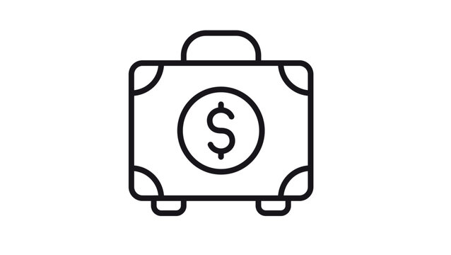 Black line art vector icon of a business briefcase with a dollar sign symbol, representing finance, investment, wealth, corporate money, and professional financial management illustration.