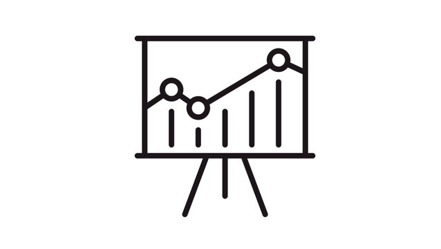 Minimalist black line vector icon of a presentation board with a line graph and bar chart, representing business data analytics, financial growth, statistics, and professional report visualization.