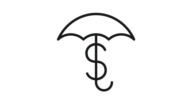 Minimalist black vector icon illustration of an umbrella with a dollar sign integrated into the handle, representing financial protection, money insurance, investment security, and savings.